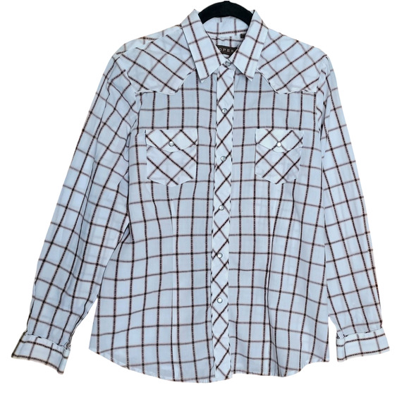 Roper Women's Brown and White Plaid Shirt Pearl Snaps Cowgirl Western Ranch LRG - Picture 2 of 9